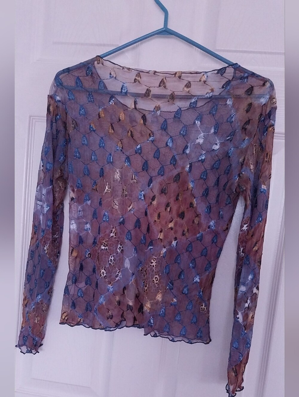 Sheer Long-Sleeve Mesh Top in Blue and Brown - Picture 9 of 9